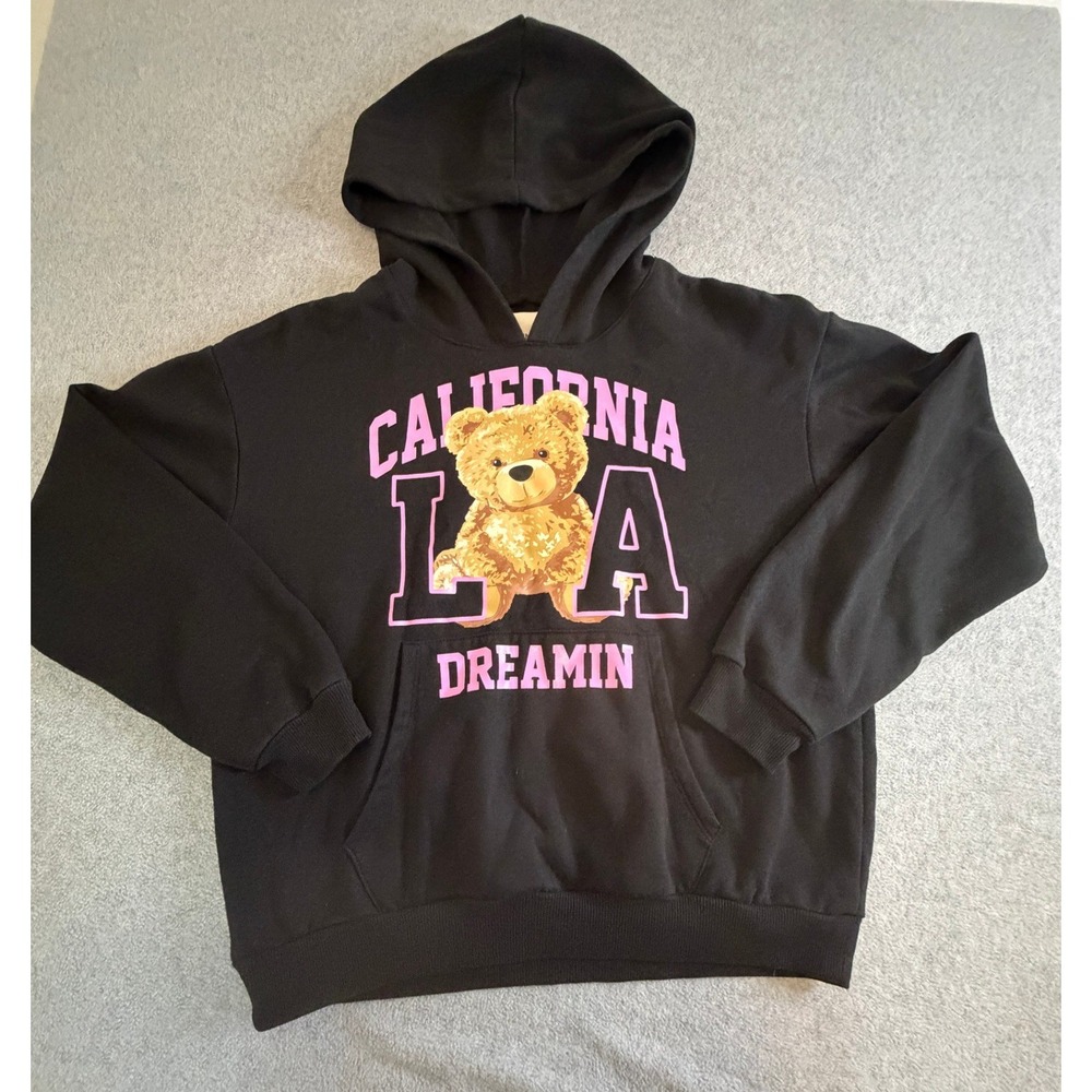 No Boundaries California LA Dreamin Bear Hoodie Black Graphic Sweatshirt L 12-14